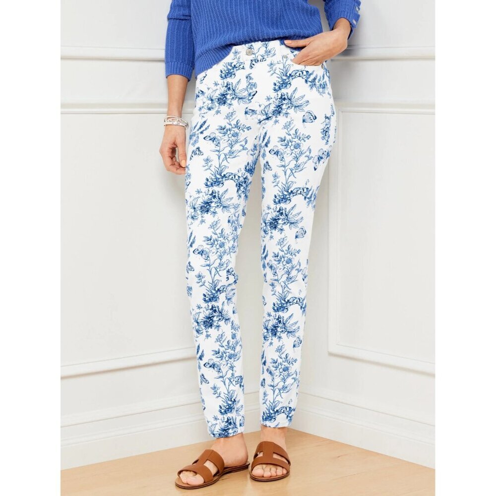 Talbots Petite Size 2P Slim Ankle Jeans in Butterfly‎ Toile Print White/Blue